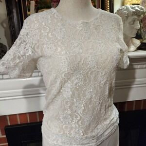 Willow Ridge Vintage 70s Ivory Lace Short Sleeve Top Crew Neck Womens Medium